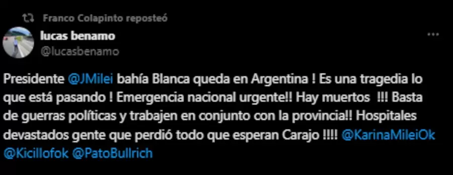 El tuit de Lucas Benamo, exentrenador de Franco Colapinto.