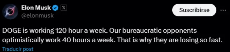 Posteo de Elon Musk respecto a la recuperación de la efectividad de los trabajos en DOGE en los Estados Unidos.