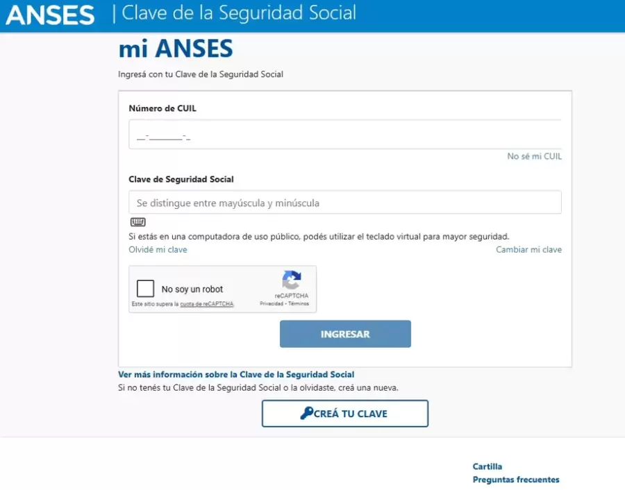 Interface del formulario digital a completar vía web