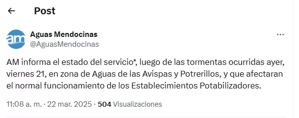 Aguas Mendocinas informó sobre la posible falta de agua debido a las tormentas/