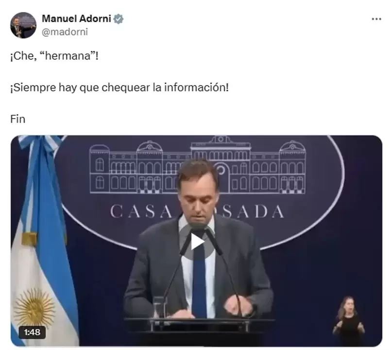 El mensaje de Manuel Adorni a Cristina Kirchner/