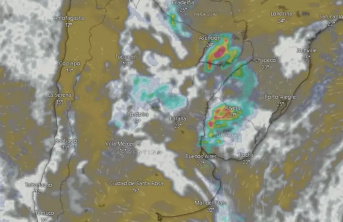 Nubes y tormentas sobre Argentina a las 09.46 del jueves 27 de marzo de 2025.