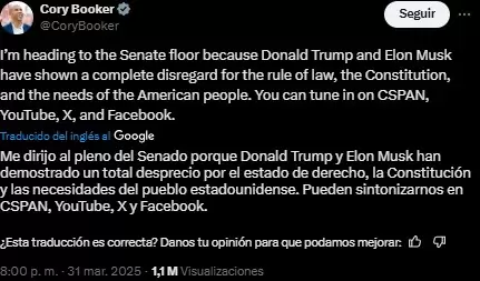 Publicación de X del senador estadounidense.