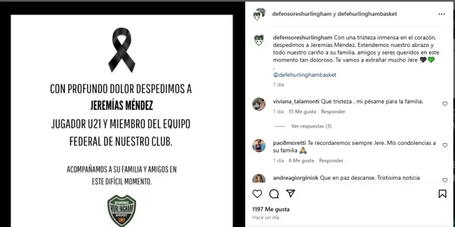 El club Defensores de Hurlingham despidió con "con una tristeza inmensa en el corazón a Jeremías Méndez, jugador U21 de básquet de la institución/