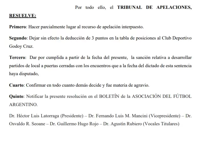 El Tribunal de Discplina de AFA dio lugar a la apelación del Godoy Cruz y le sacaron la sanción/