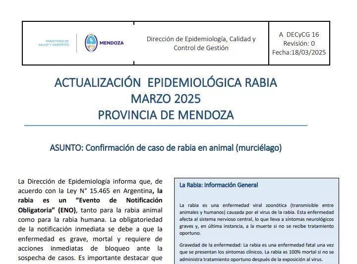 Captura de pantalla de la alerta epidemiológica por rabia emitida desde el Gobierno de Mendoza.