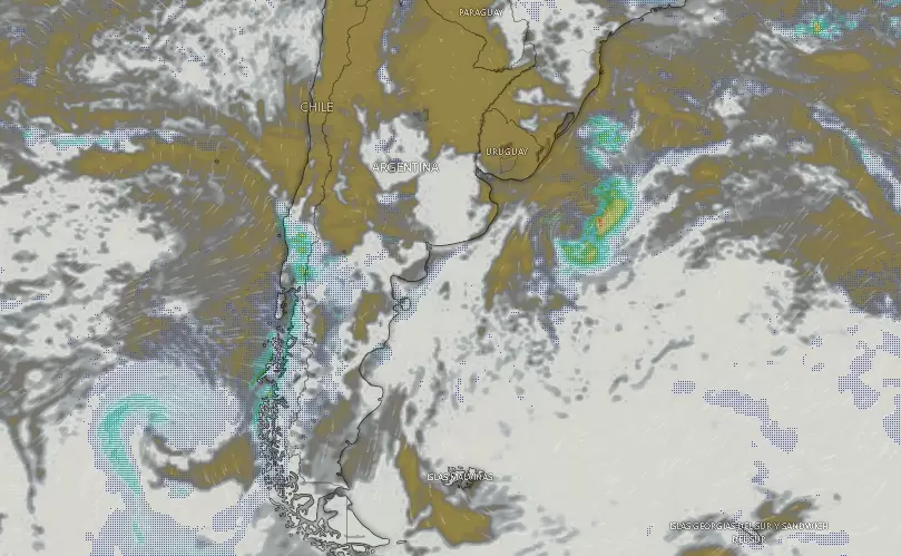Nubes y tormentas sobre Argentina a las 09.46 del miércoles 16 de abril.