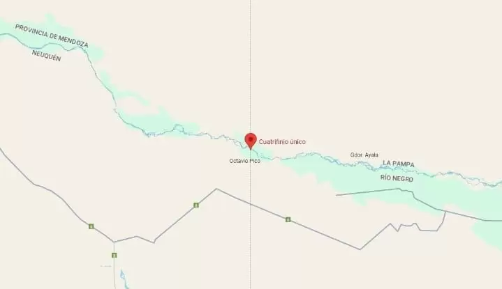 Mapa de Google, con la indicación del cuatrifinio argentino.