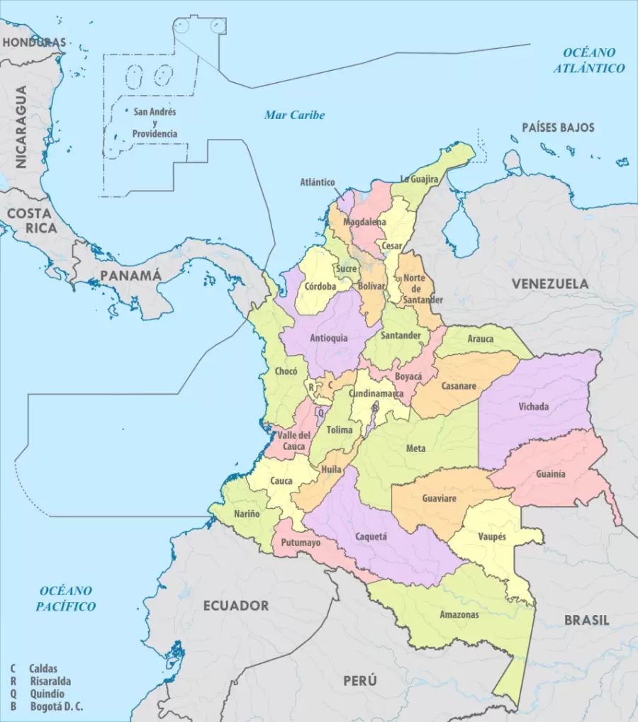 Boyacá (en rosado), Casanare (anaranjado), Cundinamarca (en amarillo) y Meta (verde claro). El cuatrifinio colombiano.