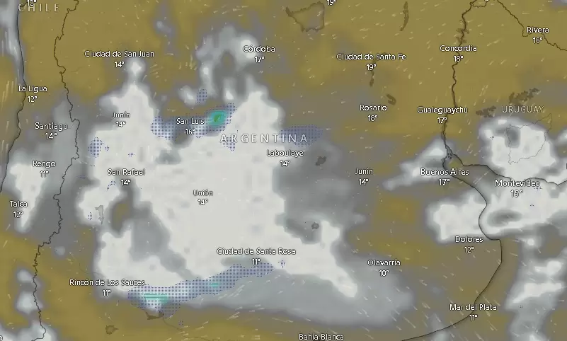 Nubes y tormentas en la franja central de Argentina a las 09.36 del Jueves Santo 17 de abril de 2025.
