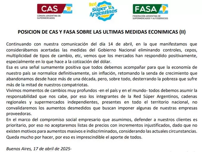 Comunicado de las cámaras de supermercados