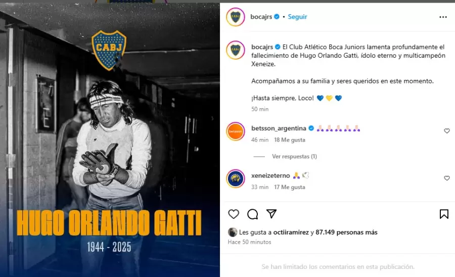 El sentido mensaje de Boca por el fallecimiento de una de las grandes glorias del club. Fuente: Instagram Boca Juniors