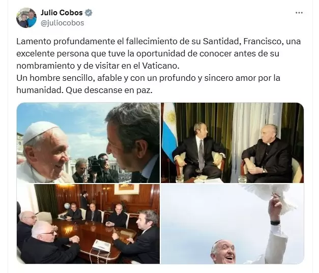 El exvicepresidente de Argentina, Julio Cobos, se expresó por la muerte del Papa Francisco. Fuente: X