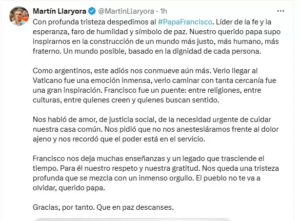 El gobernador de Córdoba, Martín Llaryora sobre el fallecimiento del Papa Francisco. Fuente: X