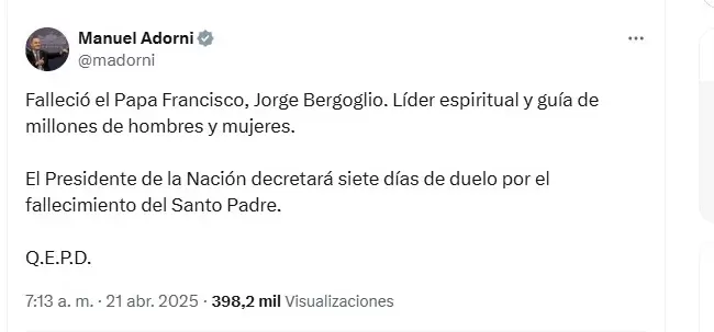 El vocero presidencial, Manuel Adorni anunció 7 días de duelo. Fuente: X