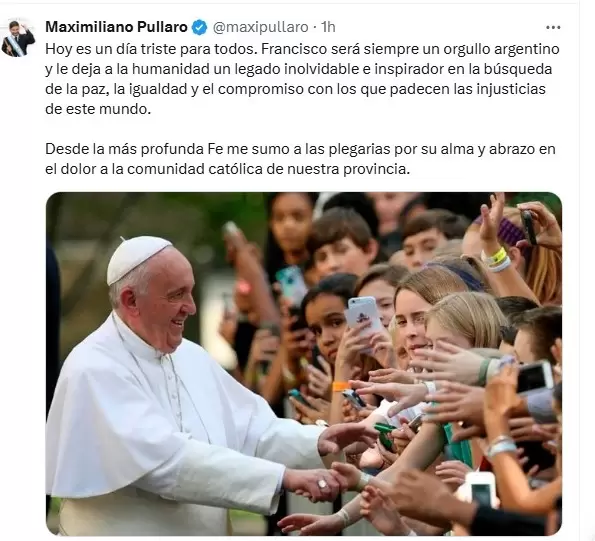 El gobernador santafesino, Maximiliano Pullaro se expresó por la muerte del papa argentino/ Fuente: X