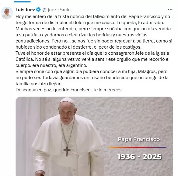 El senador nacional, Lus Juez se despidió del Papa Francisco/ Fuente: X