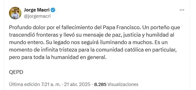 El jefe de Gobierno porteño Jorge Macri se pronunció sobre la muerte del Papa Francisco/ Fuente X