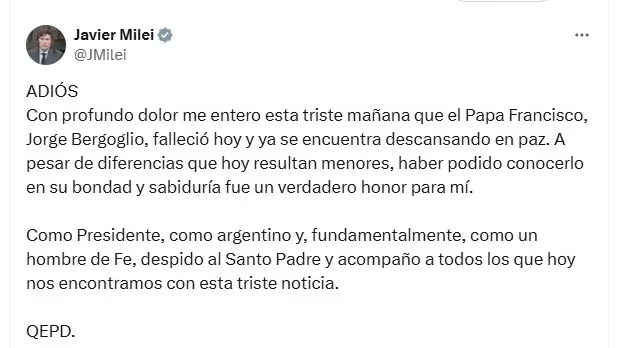 El presidente Javier Milei y el profundo mensaje por la muerte del Papa Francisco. Fuente: X