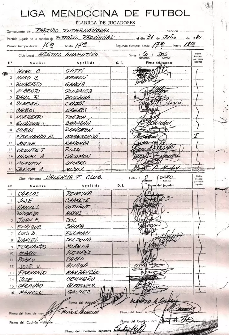 La planilla de aquel legendario encuentro