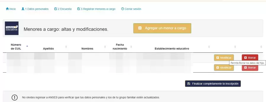 Se puede cargar a los hijos en nivel inicial, primario o secundario