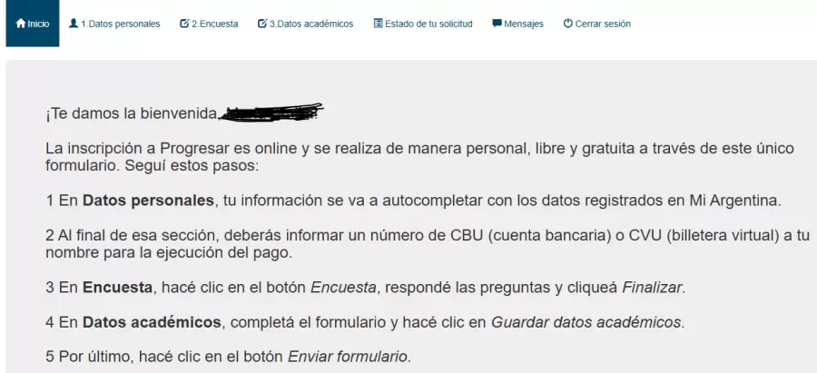 Así se ve el inicio, menú superior y todos los pasos de la inscripción de Progresar