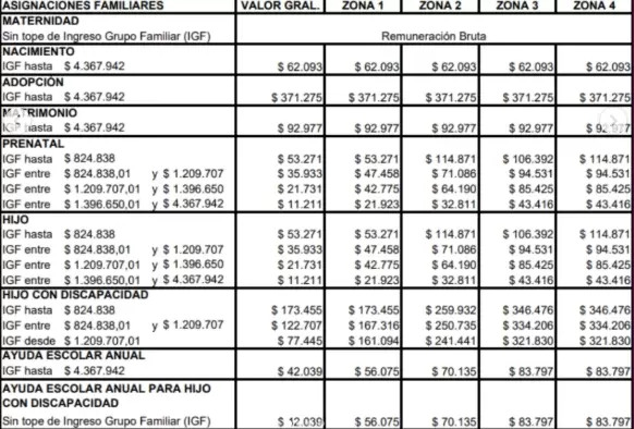 En la tabla se ven los montos de SUAF, Prenatal, Asignaciones de Pago Único y la ayuda escolar