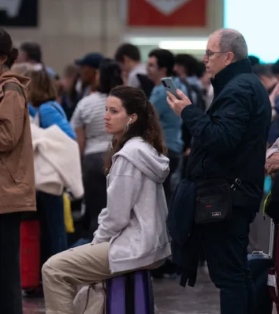 Varias personas esperan en la estación de Sants tras el apagón eléctrico, 29 de abril de 2025, en Barcelona, Cataluña (España).