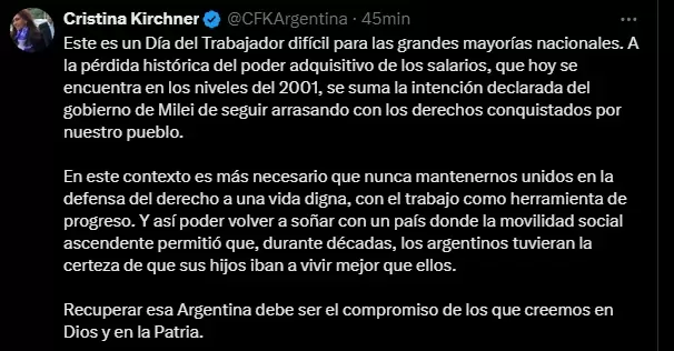 Mensaje de Cristina Kirchner por el día del trabajador
