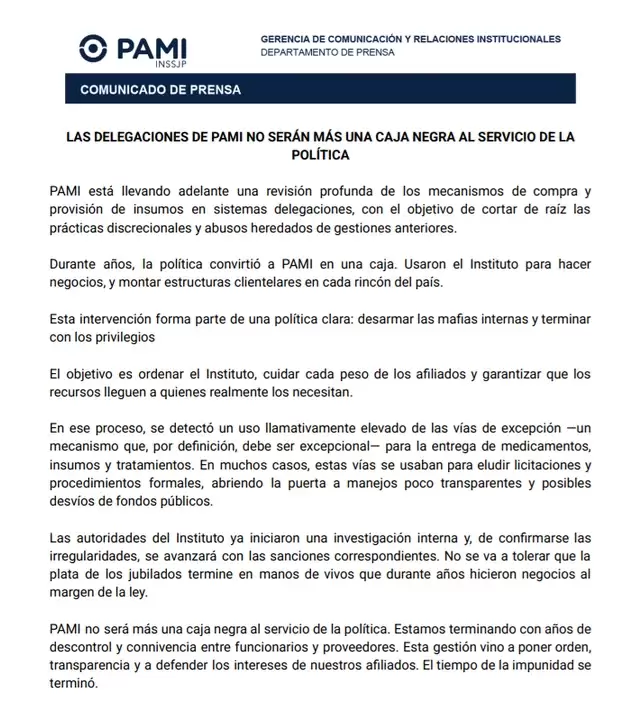 Comunicado de PAMI