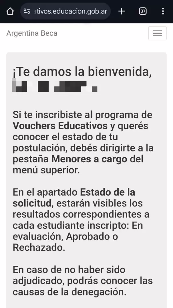 El mensaje de la aplicación explica cómo ver el estado de solicitud