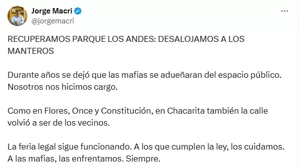 El mensaje de Jorge Macri sobre el operativo en contra de los manteros/ Fuente: X de Jorge Macri