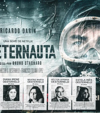 El afiche de El Eternauta con los cárteles de búsqueda del autor y sus cuatro hijas.