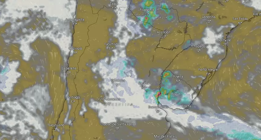 Nubes y tormentas sobre Argentina el lunes 5 de mayo a las 09.35.