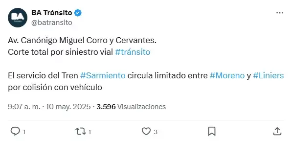 Accidente de tránsito entre un tren y una camioneta/ Fuente: X de BA Tránsito