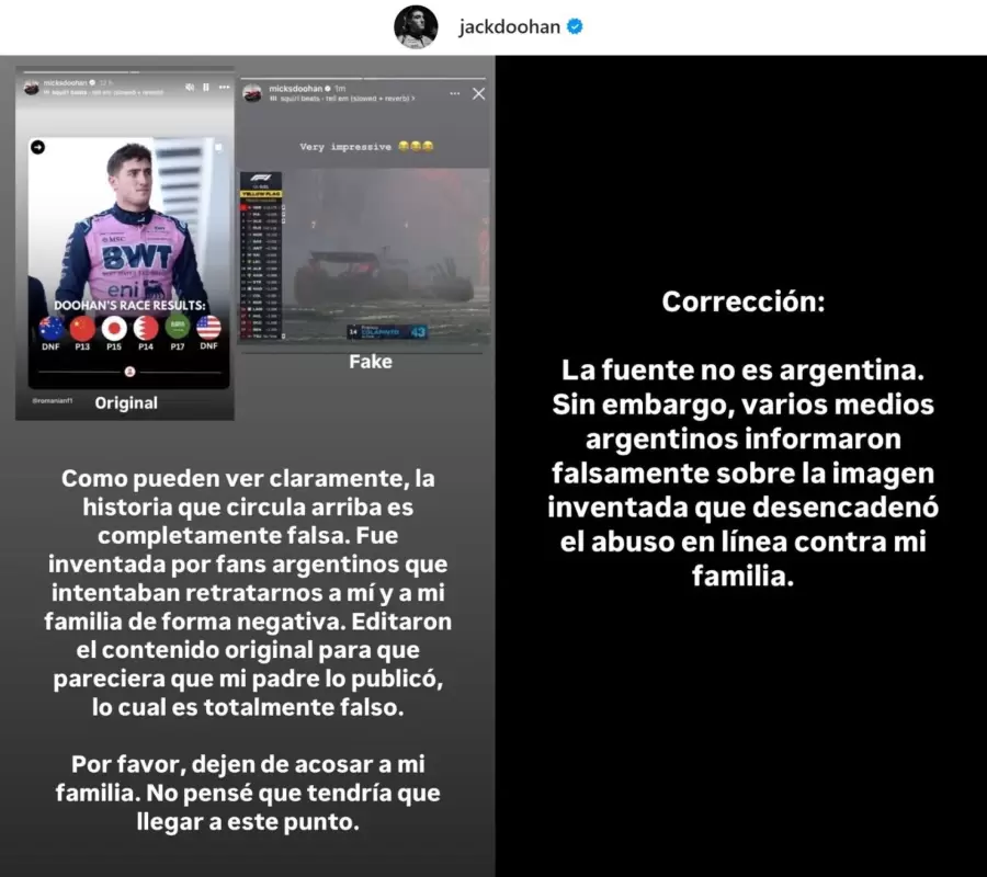 El descargo que realizó Doohan.