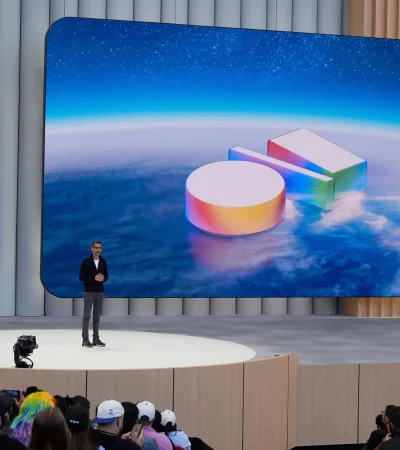 Sundar Pichai, CEO de Google, exponiendo en el evento Google I/O 2025.