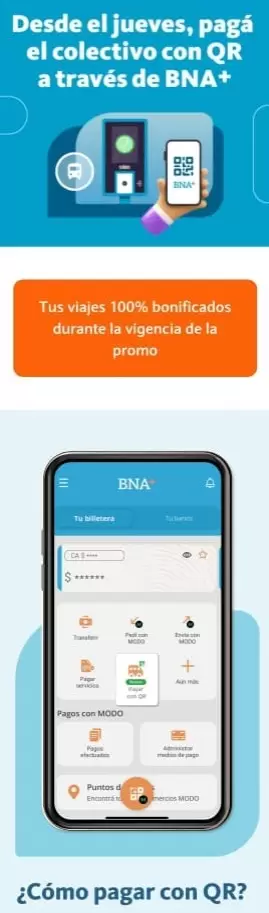 Con la aplicación de BN+ se puede pagar el boleto del colectivo y acceder a la promoción sin cargo. Fuente: Captura