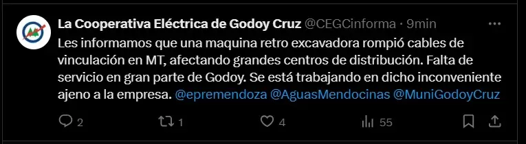 Desde la Cooperativa Empresa Eléctrica de Godoy Cruz informaron sobre cortes de luz ajenos a la empresa. Fuente: Redes Sociales Cooperativa Eléctrica