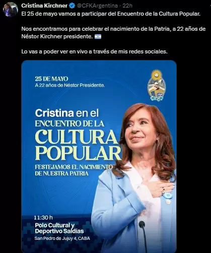 El evento será trasmitido por las redes sociales de la expresidenta.