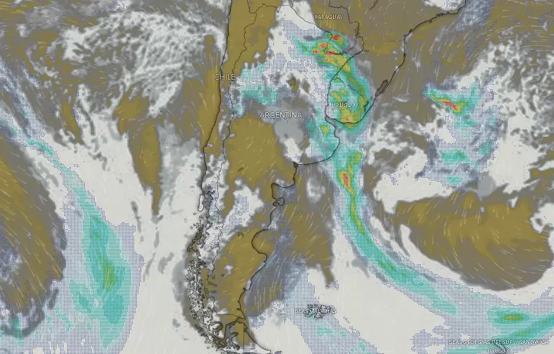 Nubes y tormentas sobre Argentina el martes 27 de mayo de 2025.