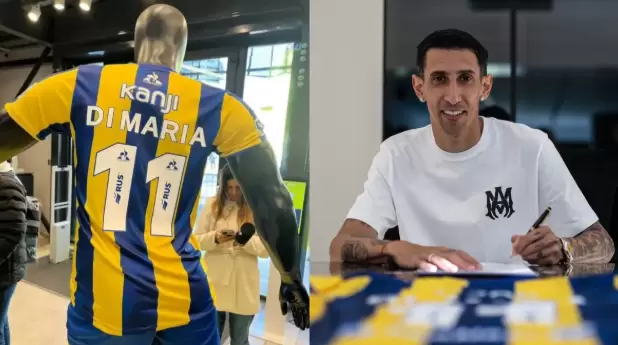 Ángel Di María firmando algunas camisetas con el número 11 que de ahora en más volverá a lucir en Rosario Central.
