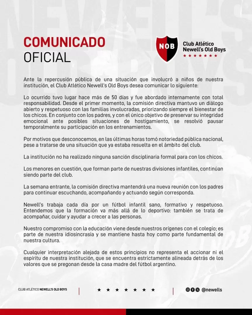 Comunicado oficial de Newell's sobre la suspensión de los menores por sacarse una foto con un jugador de Rosario Central.