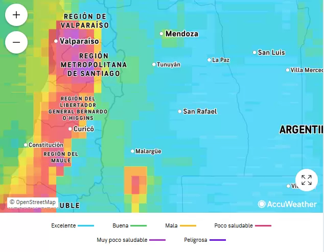 El mapa de Mendoza y alrededores y su respectiva calidad de aire.