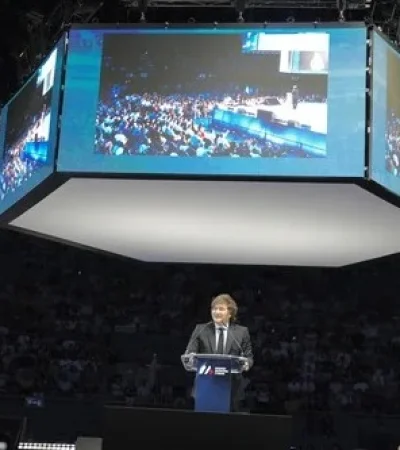 El presidente Javier Milei en el Madrid Economic Forum, en el Palacio Vistalegre, en Madrid, España. Fuente: NA