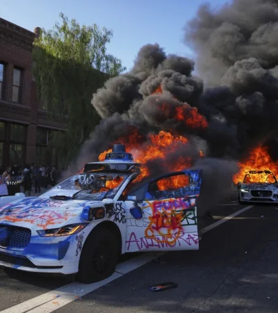 Taxis Waymo en llamas cerca del Centro de Detención Metropolitano del centro de Los Ángeles.