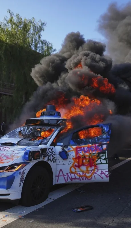 Taxis Waymo en llamas cerca del Centro de Detención Metropolitano del centro de Los Ángeles.
