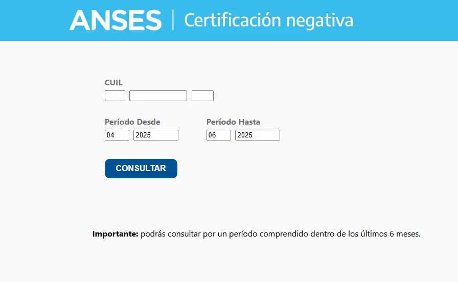 El inicio de la certificación negativa, donde se coloca el CUIL y período a consultar
