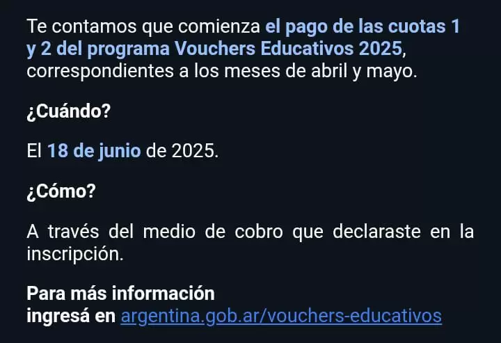 El correo enviado por el Ministerio de Capital Humano a los beneficiarios de los Vouchers Educativos