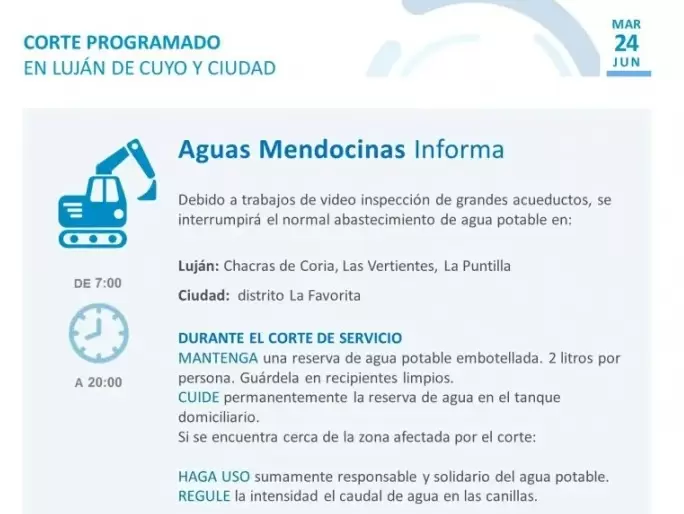 Comunicado de Aguas Mendocinas anunciando el corte de agua potable en el Gran Mendoza el martes 24 de junio de 2025.